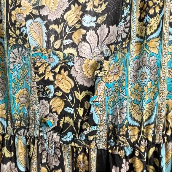 Magnolia Boutique Patchwork Scarf Print Tiered Ruffle Sleeve V Neck Dress Sz L - Picture 3 of 6